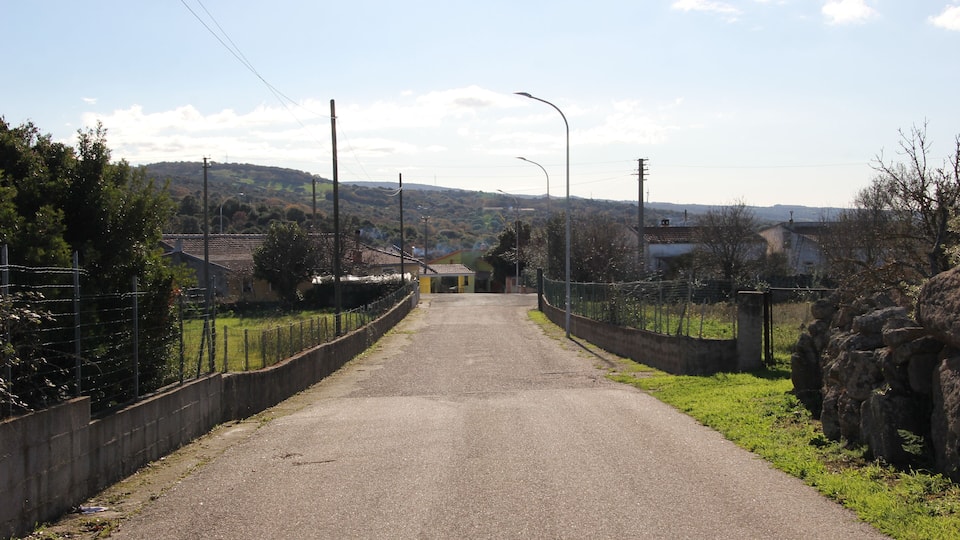 A rural road flanked by stone walls and fences, leading towards a hilly landscape with houses and power lines.