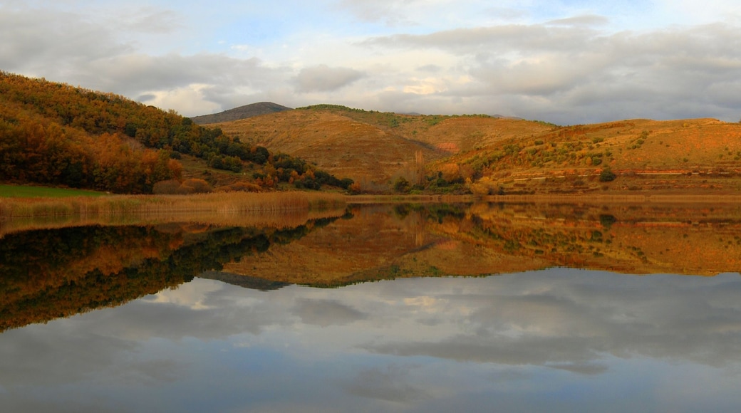 Un lago tranquilo que refleja las colinas y árboles circundantes.