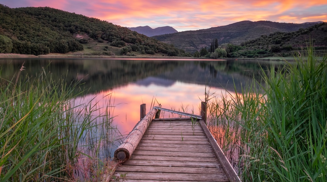 Un muelle de madera se adentra en un lago tranquilo rodeado de abundante vegetación y colinas.