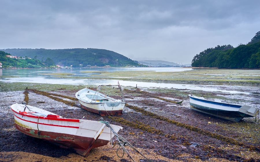 Traditional fishing rowing boat on the Galician coast, northern Spain