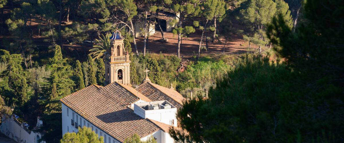 A church with a bell tower surrounded by dense forest.