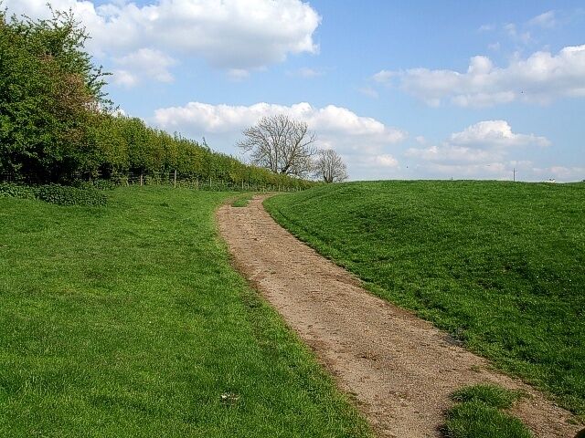 Grassy lane from Battlesden. This grass-centred lane curves through fields near Hill Farm on its way from Battlesden to the A4012. This view is looking roughly ESE having just passed through 1279297