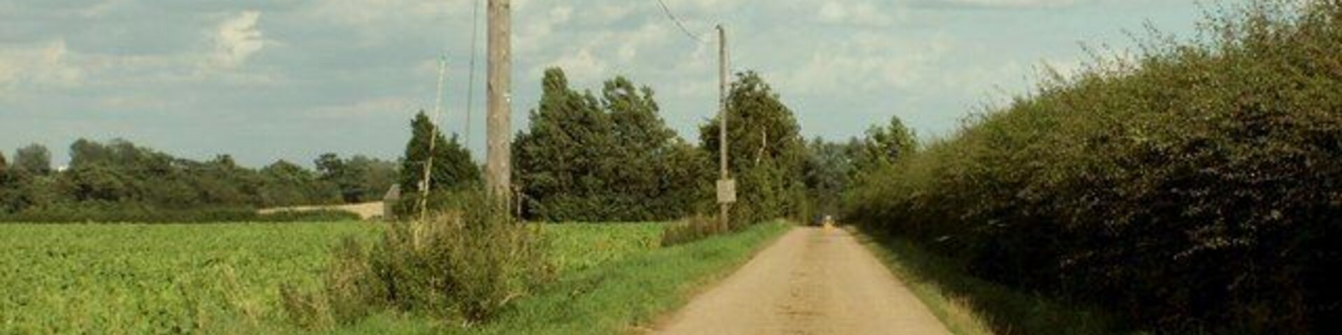 Uma estrada rural ladeada por campos e sebes sob um céu parcialmente nublado.