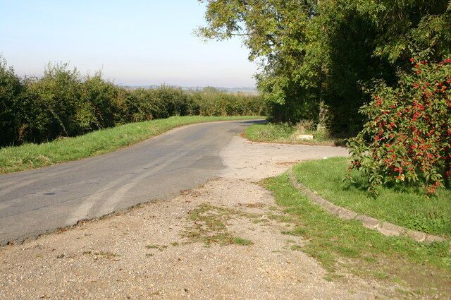 A rural road curving through a green landscape with trees and bushes.