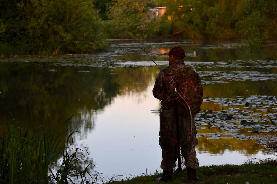 A person fishing by a calm river surrounded by greenery.