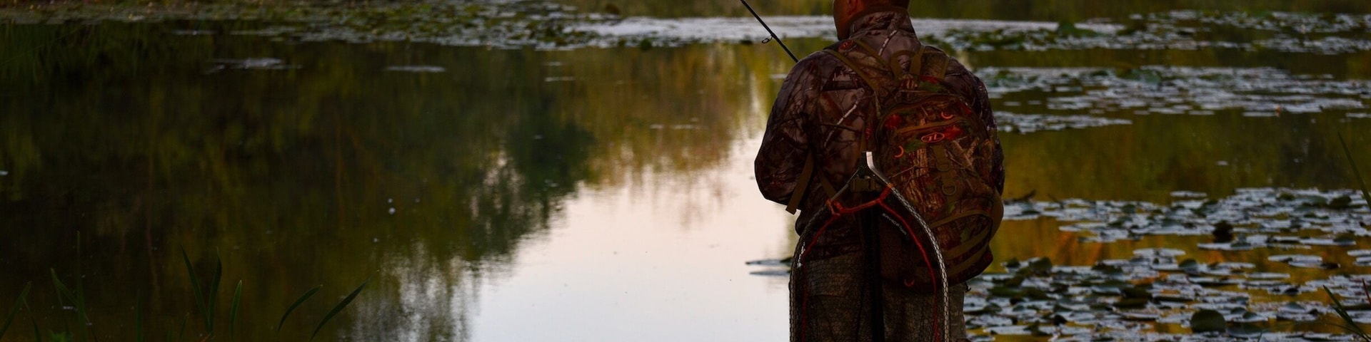 A person fishing by a calm river surrounded by greenery.