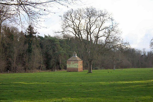 Grounds of Fordham Abbey Viewed from River Lane, Fordham. Whilst the foreground is in the same square as the photographer, the dovecot sits astride a grid line, with Hall Yard Wood behind in the adjacent square.