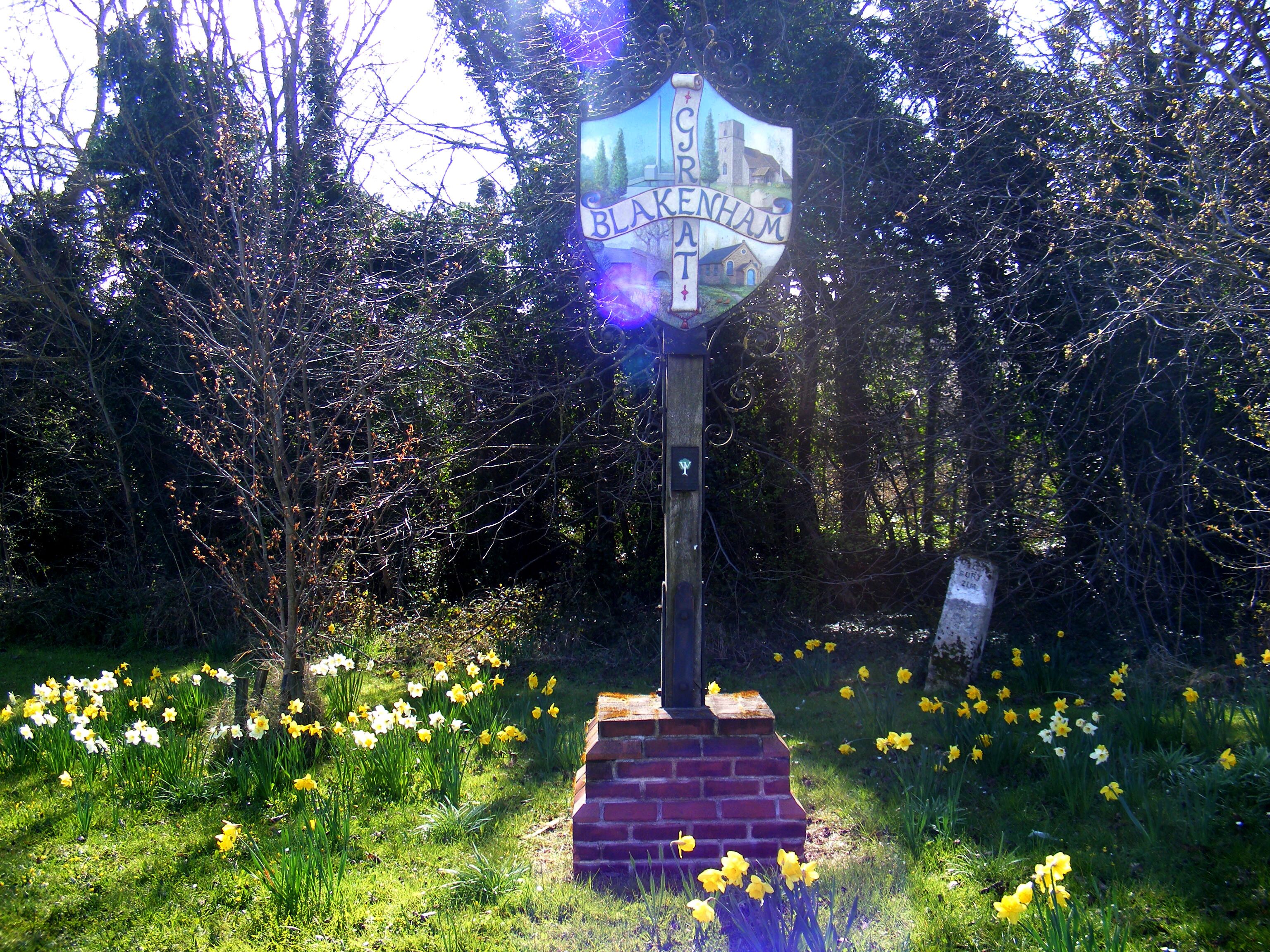 A signpost with 'Blakenham' written on it, surrounded by daffodils and trees.
