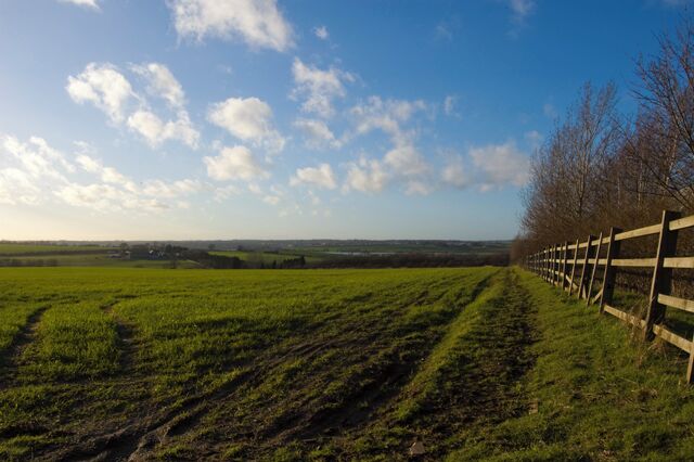 A rural landscape with a wooden fence, green fields, and a clear blue sky.
