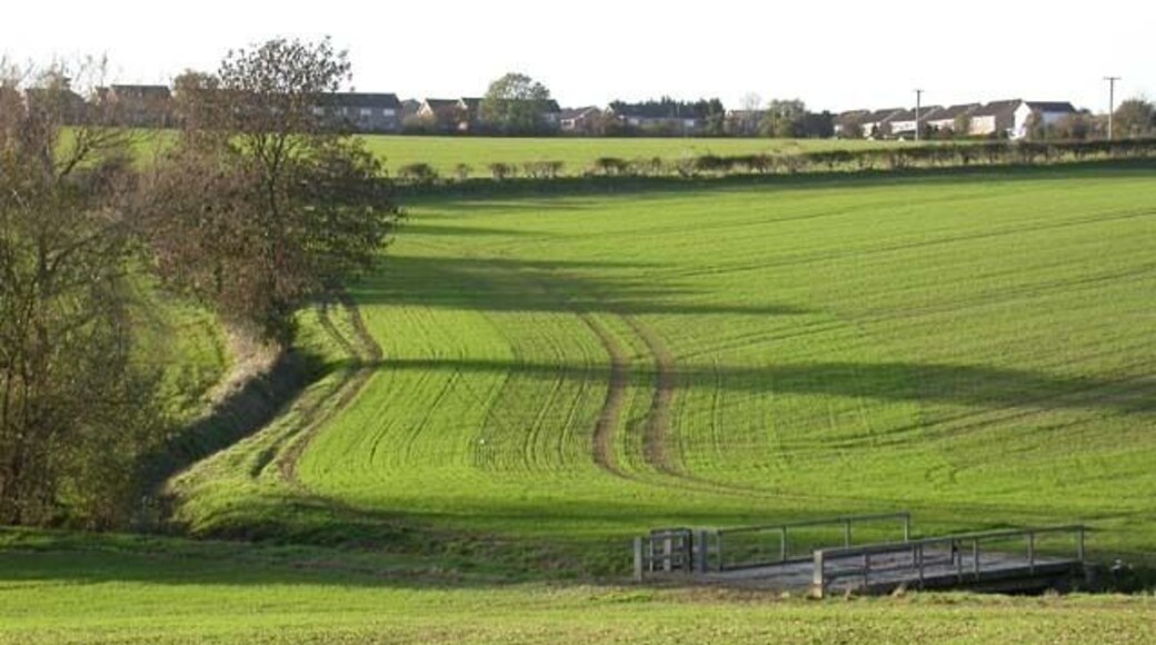 View towards Irchester A relatively new part of the village is visible. The footbridge at the bottom of the slope carries farm machinery, as well as walkers, across the brook.