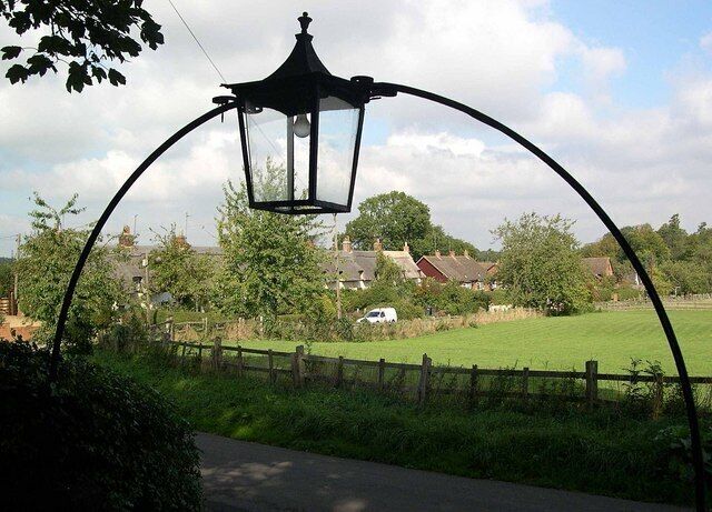 A park with a black metal lamp post, a paved path, and houses in the background.