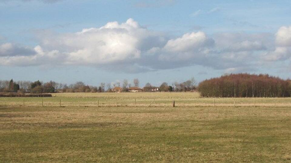 Burton's Farm, Little Chalfont, from Lodge Lane. View north-west over fields towards Burton's farm