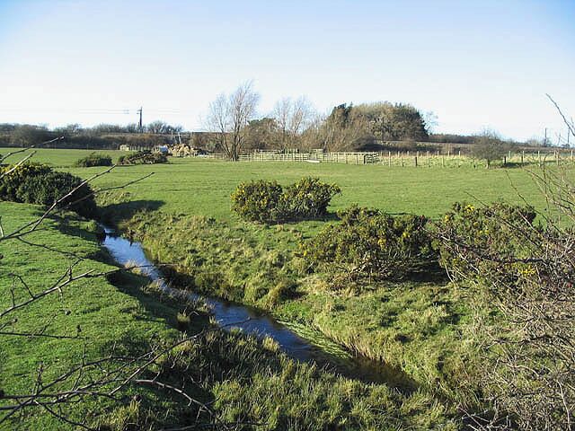 A rural landscape with a small stream, green fields, and a distant hill.