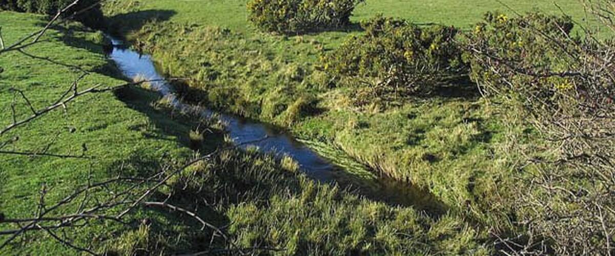 A rural landscape with a small stream, green fields, and a distant hill.