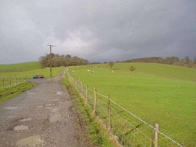 Lodge Hill, near Bracewell, Yorkshire. Lodge Hill is a low rounded hill and is a 'drumlin', of which there are many in this area. Beyond it is seen a woodland known as Big Covert, while in the dip between the hill and the wood is a fishing lake. Photograph taken on a rainy April morning, with sheep and lambs in the adjoining field.