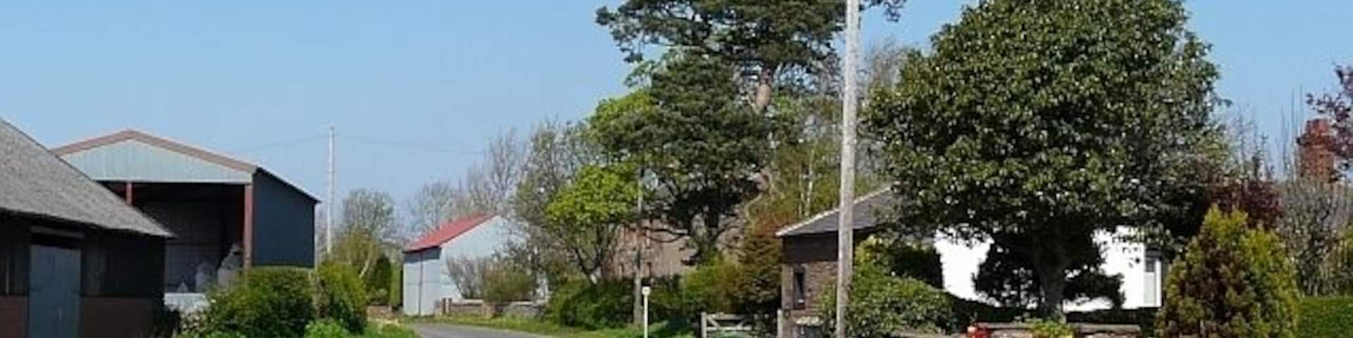 Road through Brisco, near to Brisco, Cumbria, Great Britain. Brisco is a pleasant-looking hamlet about 4km south east of Carlisle. It has several farms and a brickworks.