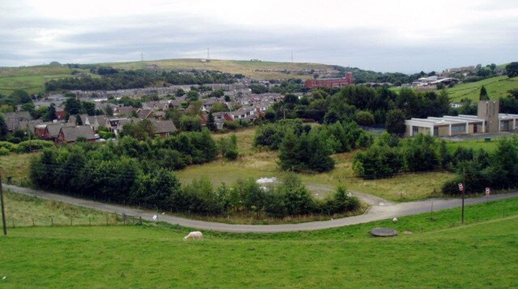 View from embankment of Cowm Reservoir The water treatment works is seen at the right.