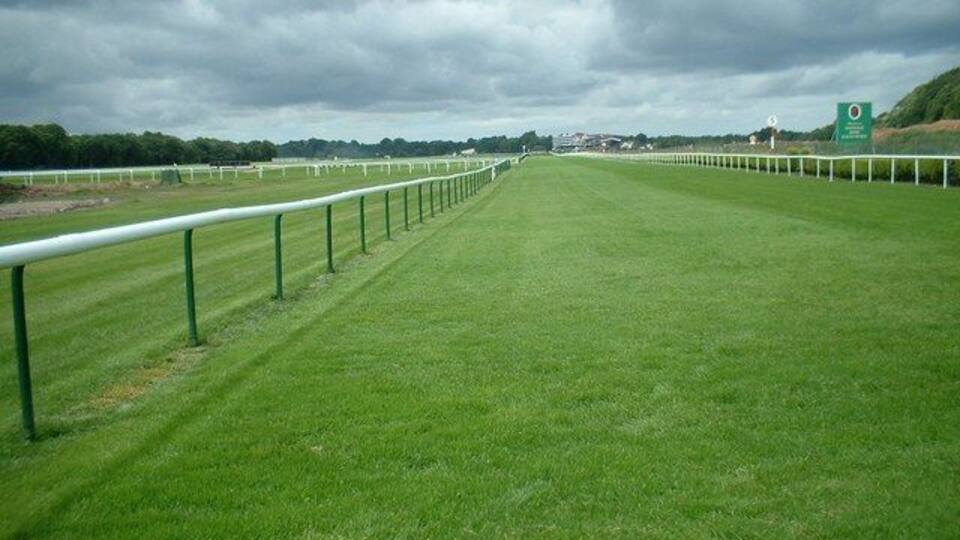 Towards the Grandstand, Haydock Park Taken through the fence where Sandy Lane (footpath) crosses the course