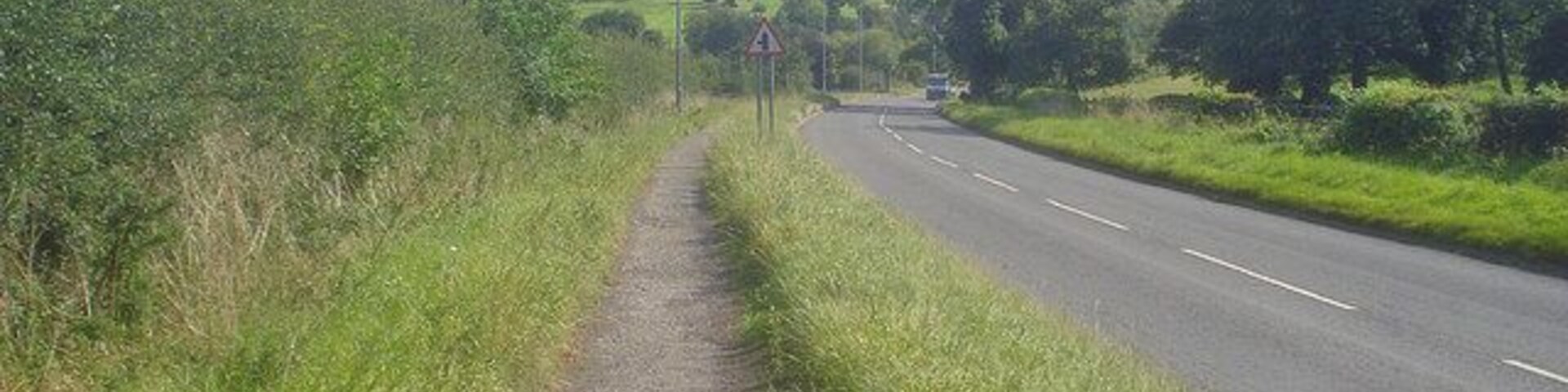 A rural road with a narrow path beside it, surrounded by greenery and trees.