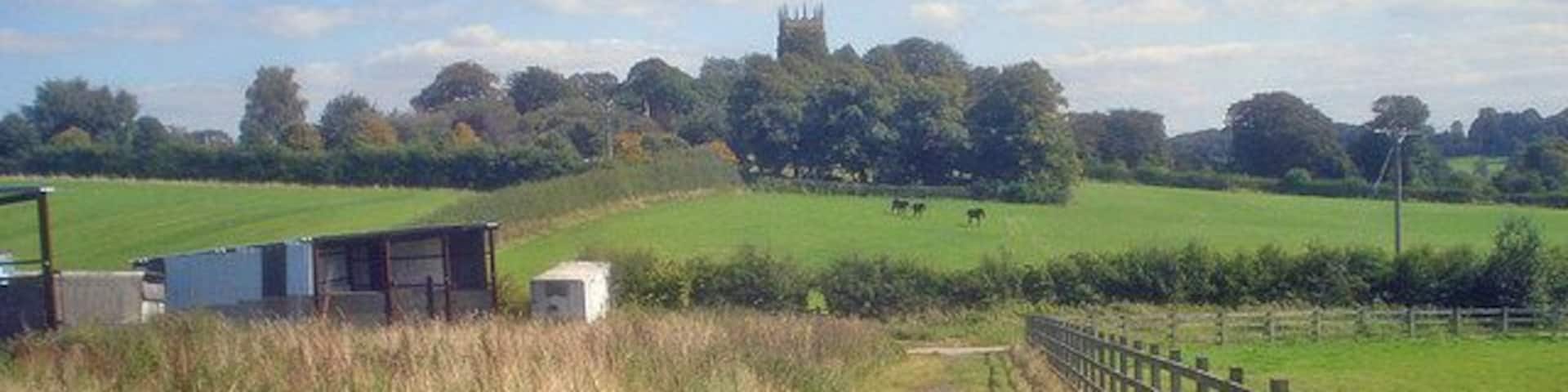 Path through stables at Moorgreen Looking east to Greasley church tower. Stables on the left and exercise track just ahead in front of the hedge.