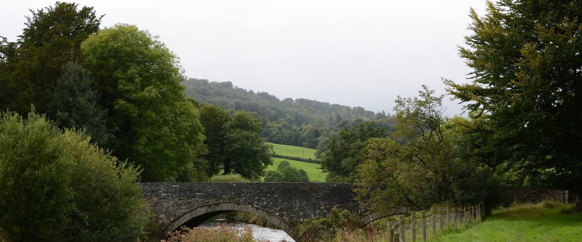 A stone bridge over a river, surrounded by lush greenery and trees.