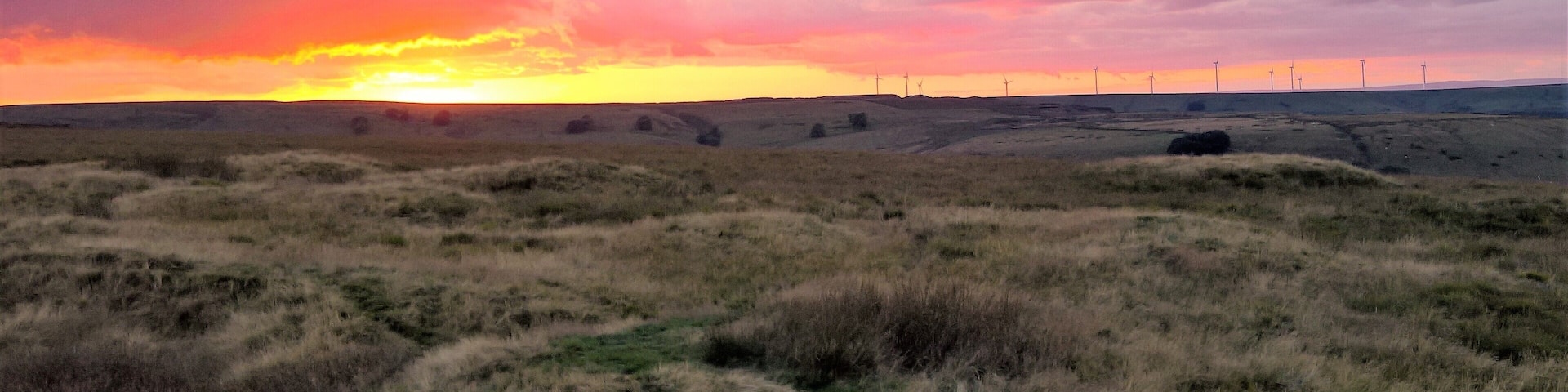 On the summit plateau of Musbury Tor, next to the disused quarry at the eastern end at sunset. Hyndburn Wind Farm can be seen on the horizon.