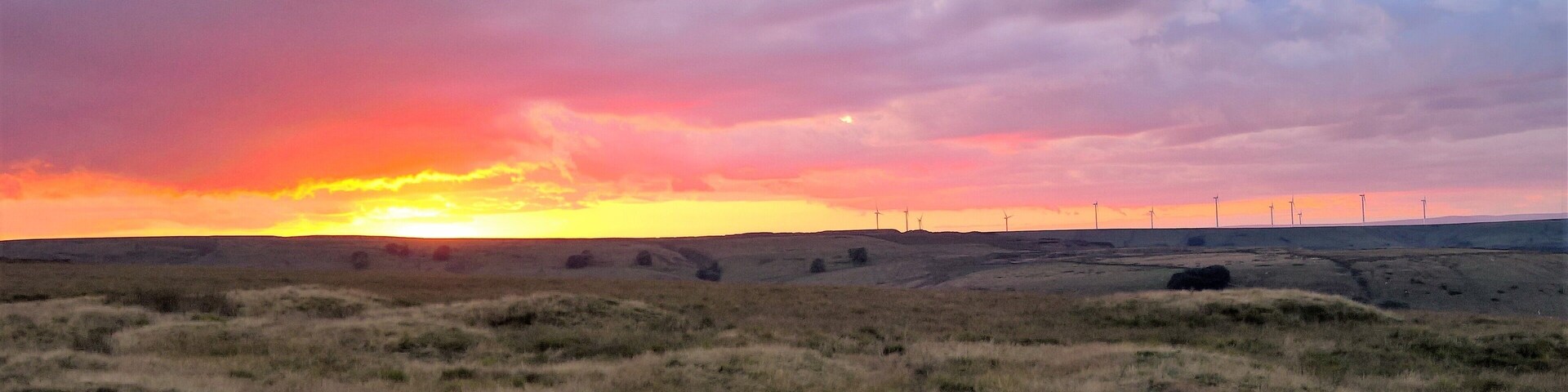 On the summit plateau of Musbury Tor, next to the disused quarry at the eastern end at sunset. Hyndburn Wind Farm can be seen on the horizon.