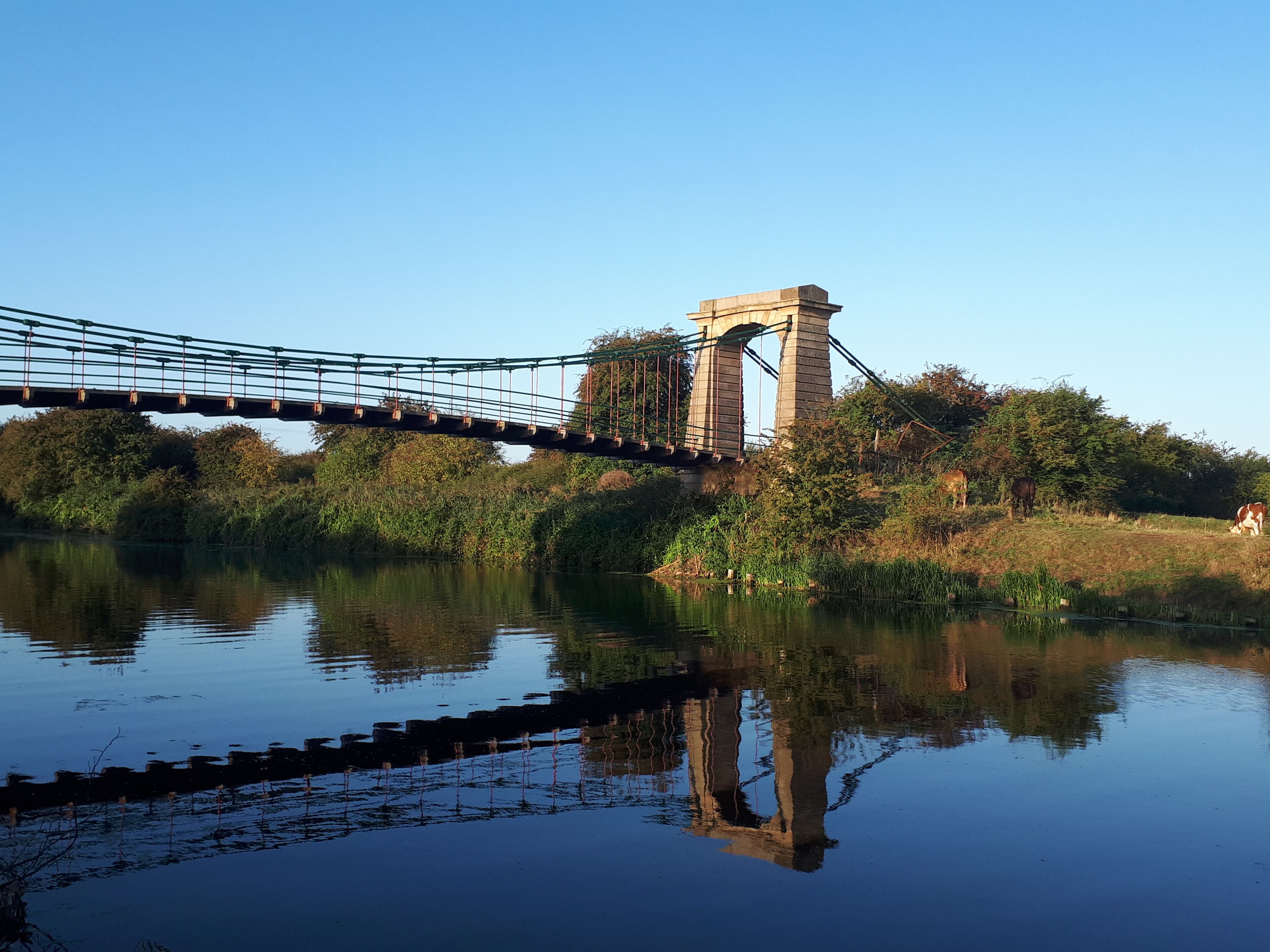 A suspension bridge over a calm river with lush greenery and trees on either side.