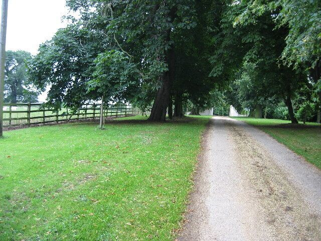 Entrance to Hall Farm, Long Clawson. The imposing avenue and gateway to Hall Farm. This farm is on the site of Long Clawson Hall
