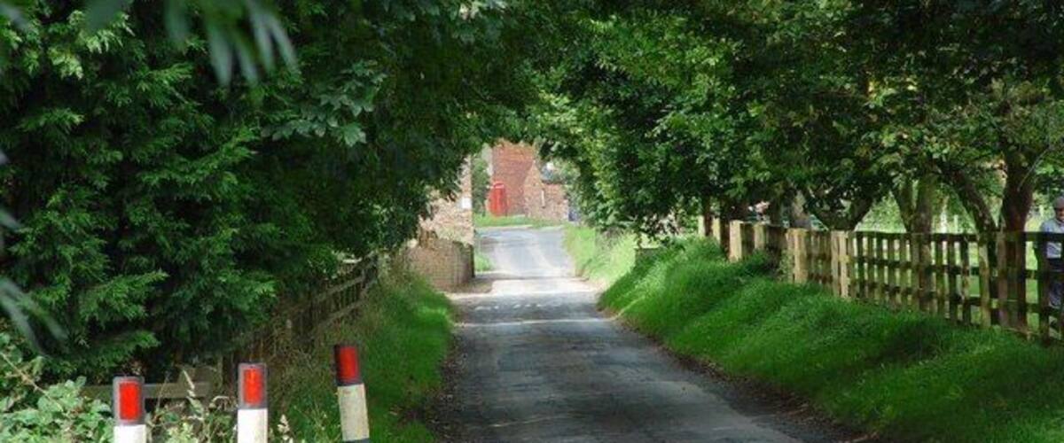 A narrow rural road flanked by trees and a wooden fence, leading to a brick building in the distance.