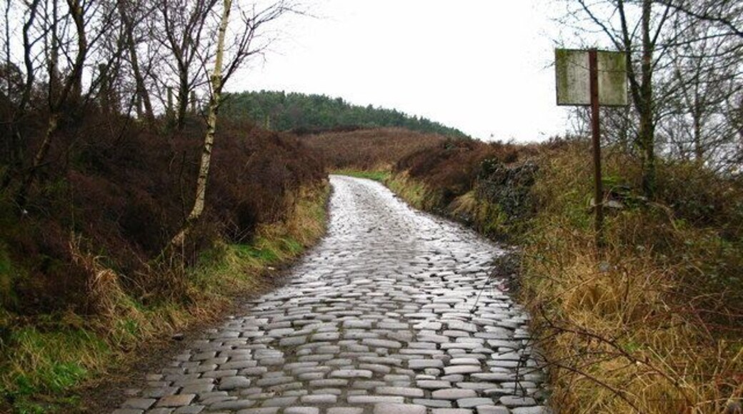 Bridleway on Rough Bank Leading from Ogden Lane up Rough Bank. A nearby sign suggests the cobbles are maintained by the Pennine Township Committee.