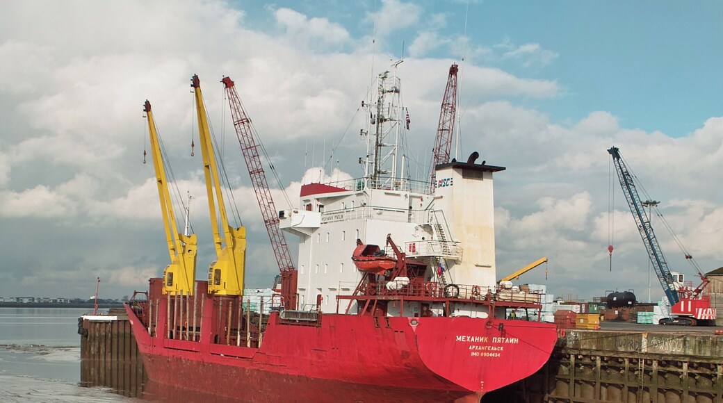 Northern Shipping Co's "MEKHANIK PYATLIN" IMO 8904434, 2489grt built 1992, Russian flag registered Archangelsk, discharging packaged timber at New Holland Dock.