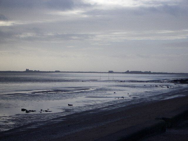 A beach with wet sand and calm water under a cloudy sky.