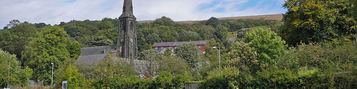 St Peter's Church, Walsden, from the Rochdale canal
