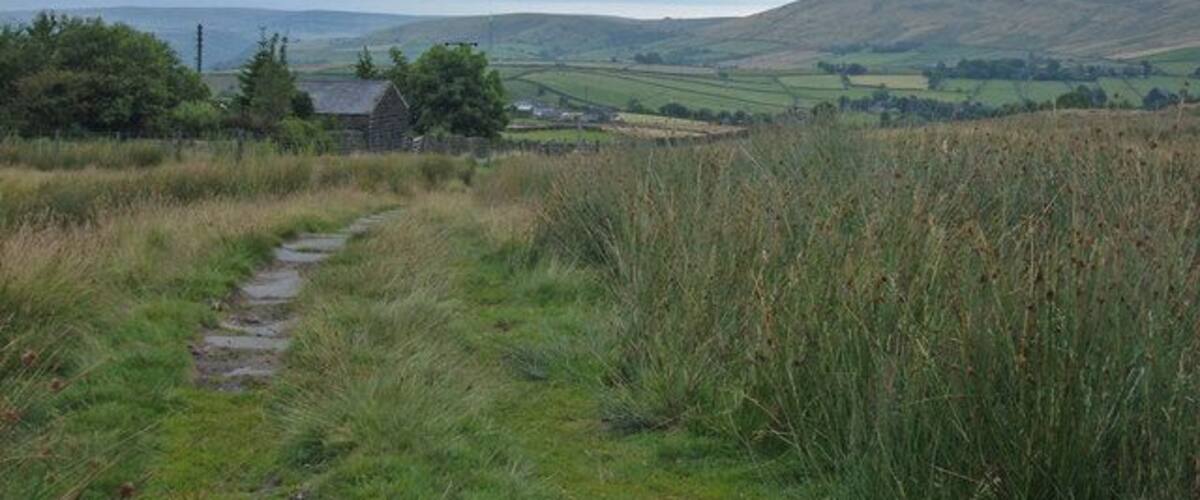 Pennine Bridleway, above Lumbutts Looking northeast along the bridleway. In about one hundred metres the bridleway joins Lumbutts Road, one of the few road sections on the Mary Towneley Loop part of the National Trail. Stoodley Pike can be seen on the skyline.