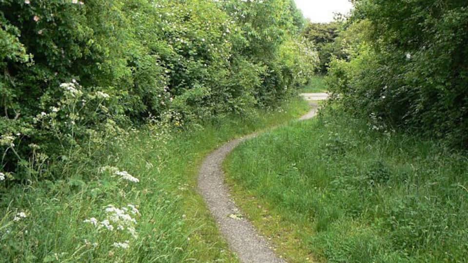 Down to the main path The former railway alignment is crossed here by a main path linking the Wilford Hill (Compton Acres) estate with Ruddington Lane. The old embankment has already been cut away at this point, but it will be entirely removed for the proposed tramway extension to Clifton which will run at the normal ground level. There will be a tram stop at this location.