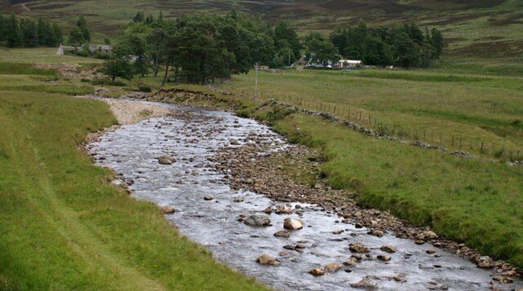 Linns, Glen Isla The River Isla in the foreground and the houses of Linns and Dalhally beyond.