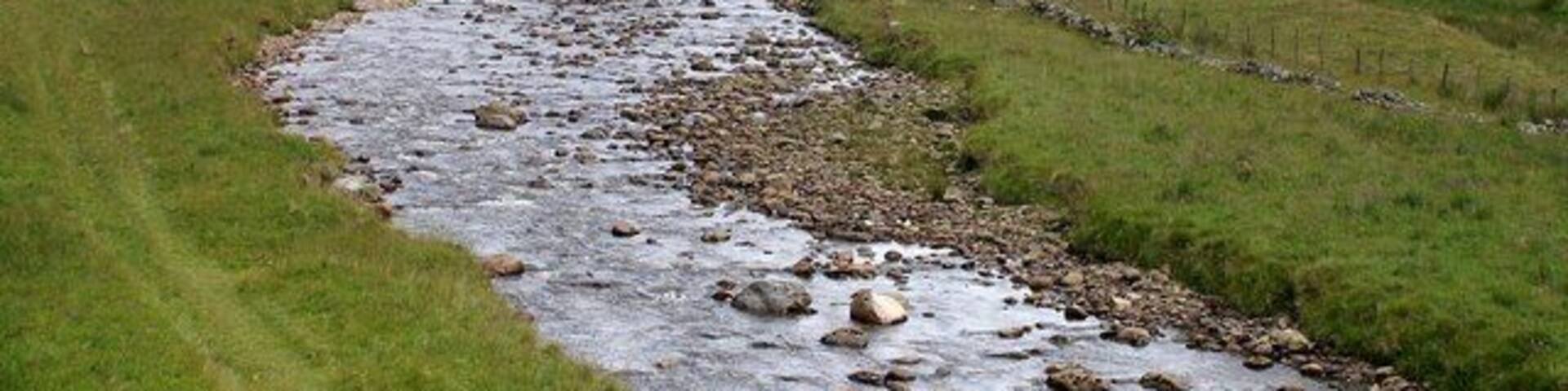 Linns, Glen Isla The River Isla in the foreground and the houses of Linns and Dalhally beyond.