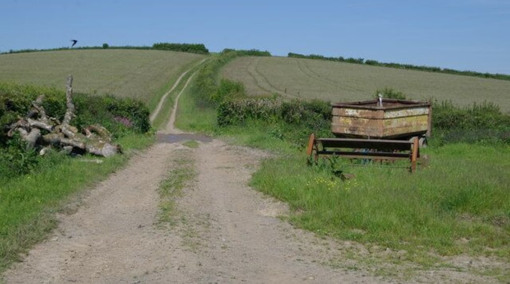 Farm track at Holwood. Farm track and rusty farm trailer near Holwood, Blunts, Cornwall.