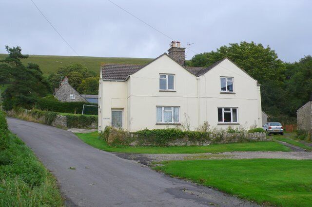 The Square, Bincombe Not much of a square, just two semis and a barn. Looking north towards Bincombe Hill