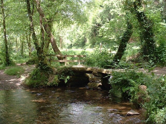 Lady Vale Bridge, Cardinham Woods, Cornwall. This ancient "clapper bridge", a simple form of stone bridge, crosses over Cardinham Water, a stream that runs through Cardinham Woods near Bodmin, Cornwall. The bridge, fenced-off for its own protection, stands on the former site of the Chapel of Our Lady.
