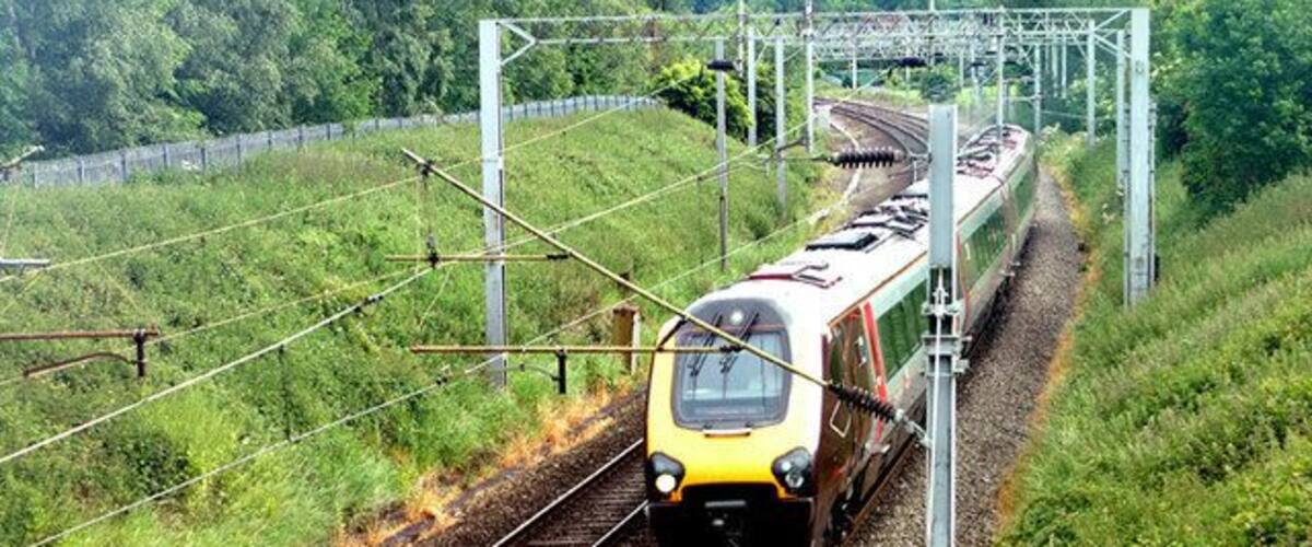 A train on railway tracks surrounded by greenery.