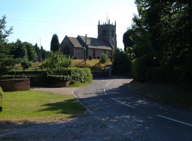 All Saints church, Chebsey. Seen from the east, with 205252 raised above the lanes at the southwest corner of the village.