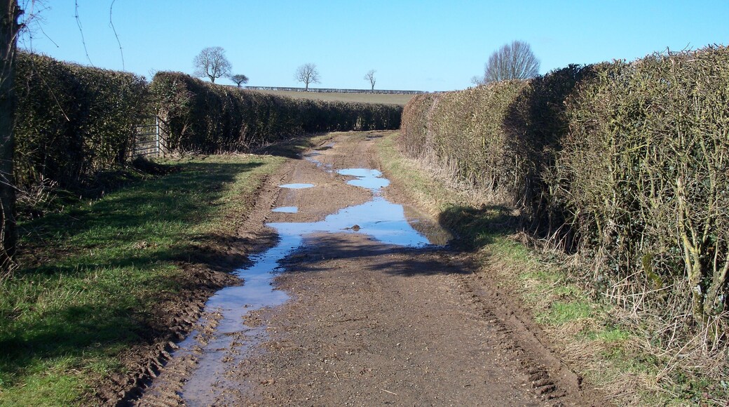Track to Crabs Corner Beyond Cedar Gables Farm, the track, part of the Gloucestershire Way long distance path, becomes unsurfaced.