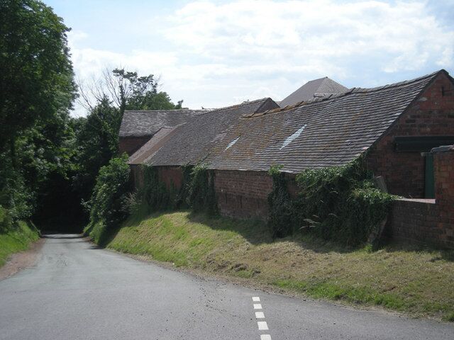 Farm buildings beside the lane to Levedale