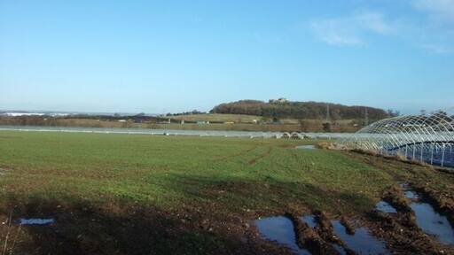 Farmland near Stafford Castle Looking across fields towards the M6 motorway with Stafford castle sat high on its hill and motte in the distance. The large white buildings to the left are the industrial units of Primepoint 14 by Junction 14. The polytunnels are a part of a strawberry farm that attracts droves of eastern European fruitpickers each summer.