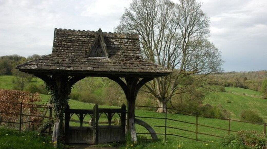 Lych gate, Edgeworth Church The north entrance to Edgeworth church is from a footpath across a field and enters the churchyard through this lych gate.