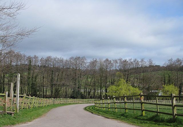 Private road to Flaxley Abbey Stile and footpath head off to the left. Flaxley Woods, in the background are hidden in the summer months by the line of trees.