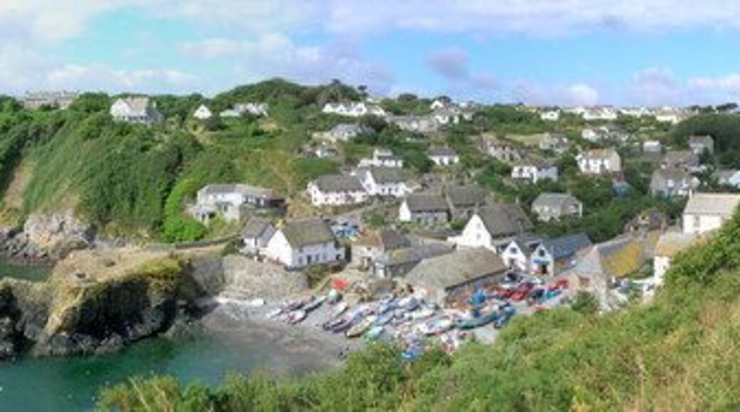 Panoramic view of Cadgwith looking towards Lizard Point The white marquee just visible in the horizon on the far left is the venue for the wedding of the century, James and Jo, 12th August 2006