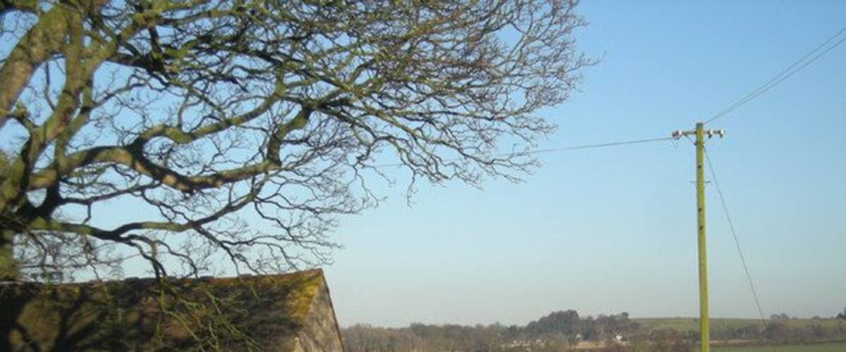 A rural road with a warning sign, a stone wall, a wooden fence, and a power line.